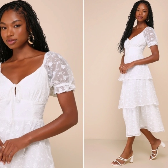 LULU's Bridal Shower Reception Floral Romantic Tiered Ruffles Midi Dress - Picture 1 of 4